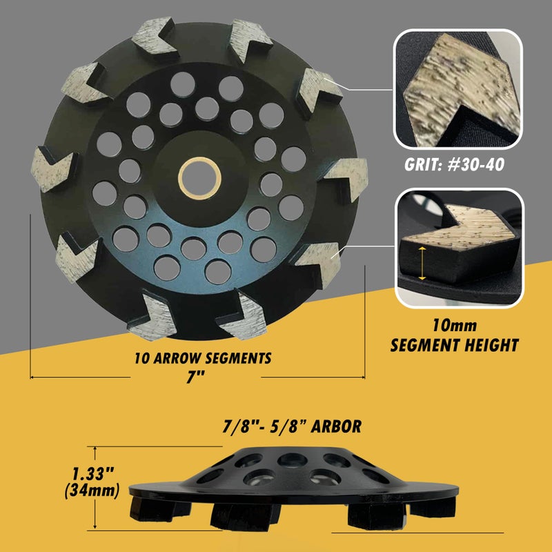EDiamondTools 7" High Performance Diamond Grinding Wheels for Concrete, Paint, Epoxy, Mastic, Coating Removal, #30/40 Grit, 10 Arrow Segments, 7/8"-5/8" Arbor - Image 3